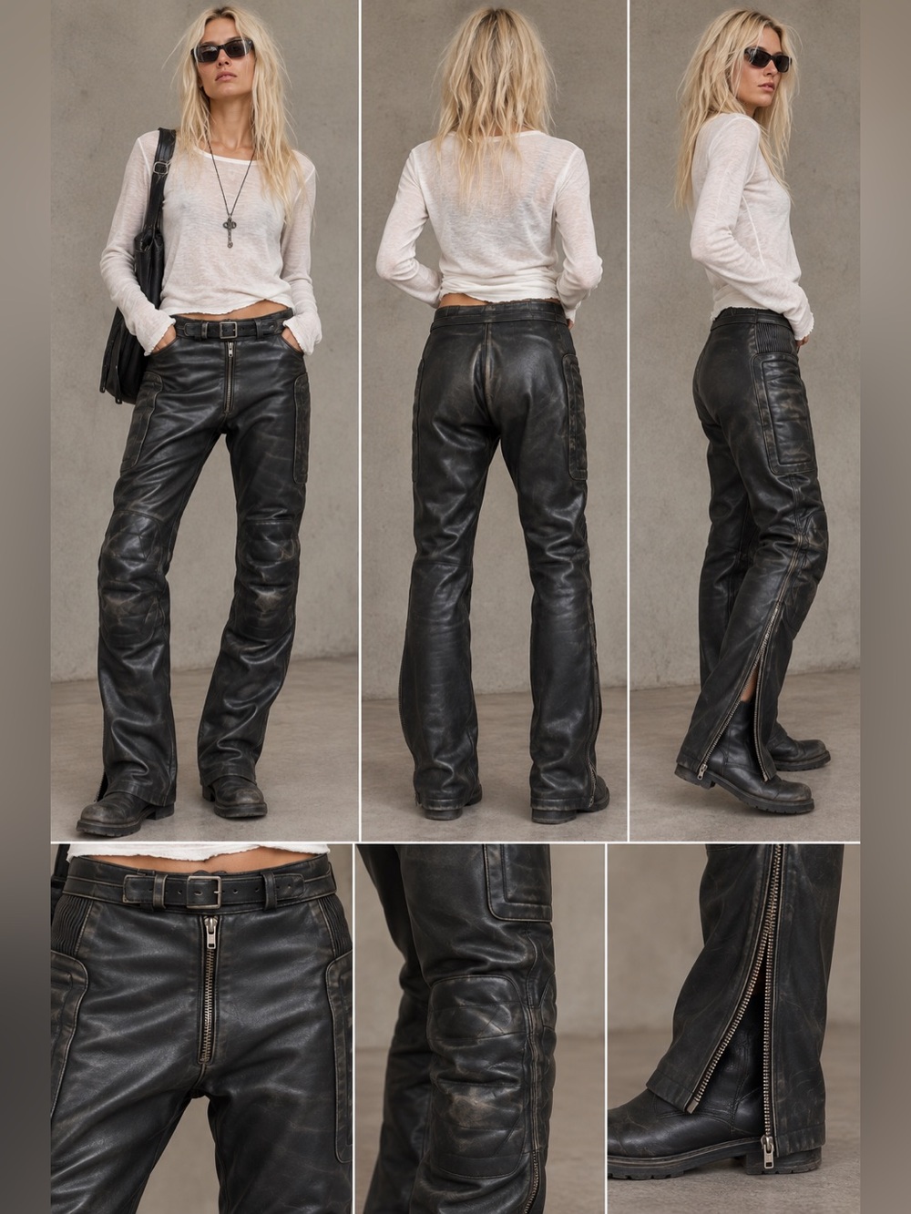 Vintage Genuine Leather Moto Biker Pants Black Size 32 Padded Knee Y2K